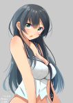  1girl agano_(kantai_collection) black_hair blush breasts cleavage green_eyes highres kantai_collection long_hair midriff open_mouth school_uniform simple_background solo tbd11 