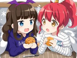  :d :o bat_wings blue_eyes blunt_bangs blush brown_eyes brown_hair commentary_request fang flipped_hair food food-themed_hair_ornament fruit hair_ornament hairband holding holding_food holding_fruit hood hoodie komo_wan110 kotatsu kurosu_aroma long_hair long_sleeves looking_at_food lying mandarin_orange on_floor on_stomach open_mouth pink_hairband ponytail pretty_series pripara purple_hoodie red_hair shiratama_mikan sidelocks smile table tareme tsurime under_kotatsu under_table upper_body wing_hair_ornament wings 