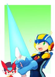  2boys black_eyes blue_bodysuit blue_helmet bodysuit commentary_request energy_sword forehead_jewel green_background green_eyes helmet in-franchise_crossover jimnydaisuki male_focus mega_man_(series) mega_man_battle_network_(series) mega_man_zero_(series) megaman.exe multiple_boys red_helmet simple_background solo_focus sparkle sword upper_body weapon white_background z_saber zero(z)_(mega_man) zero_(mega_man) 