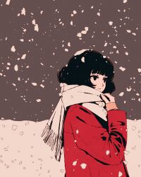  1girl akashi_(yojouhan) black_hair blunt_bangs bob_cut brown_background clothes_grab coat commentary flat_color fringe_trim high_contrast horizon limited_palette looking_afar medium_hair mole mole_under_eye moshimoshibe muted_color neckwear_grab no_sclera posterized red_coat romaji_commentary scarf scarf_grab simple_background snow snow_on_head snowing solo spot_color two-tone_background upper_body white_background white_scarf winter yojouhan_shinwa_taikei 