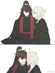  1boy 1girl bandage_over_one_eye black_coat black_hanfu black_sweater blue_eyes chinese_clothes closed_eyes closed_mouth coat commentary faust_(project_moon) hanfu heishou_pack-mao_branch_(identity)_(project_moon) high_ponytail hong_lu_(project_moon) hongyuan_(identity)_(project_moon) kon917588245825 limbus_company ponytail project_moon red_bandage short_hair simple_background smile sweater turtleneck turtleneck_sweater white_background white_hair 