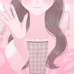  1girl blurry blurry_background blush checkered_clothes checkered_shirt closed_mouth collarbone commentary_request eyes_out_of_frame frilled_shirt frills hand_up head_out_of_frame highres jewelry long_sleeves mirror necklace nekomaru0817 open_clothes open_robe original pastel_colors pink_lips pink_robe pink_theme robe shirt smile solo upper_body 
