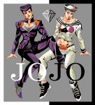  2boys diamond dixie_cup_hat gakuran green_lipstick hat higashikata_jousuke higashikata_jousuke_(jojolion) joestar_birthmark jojo_no_kimyou_na_bouken jojolion lipstick makeup midriff military_hat multiple_boys namesake orange_lipstick pompadour purple_hair school_uniform shikkoku_no_notto violet_eyes 