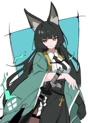  1girl animal_ear_fluff animal_ears aqua_jacket arm_out_of_sleeve azuki_pii black_hair black_necktie black_skirt blue_background border commentary_request cowboy_shot fox_ears fox_girl high-waist_skirt highres hoshimi_miyabi jacket katana long_hair necktie open_mouth red_eyes sheath sheathed shirt skirt solo sword weapon white_border white_shirt zenless_zone_zero 