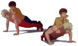  2boys amuro_ray blonde_hair blue_eyes brown_hair char_aznable commentary_request exercising gundam hand_on_own_face highres long_sleeves male_focus multiple_boys pants push-ups short_hair simple_background smile smirk sweat yy0880yy zeta_gundam 