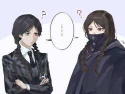  ... 2girls ? bags_under_eyes black_eyes black_hair black_necktie braid closed_mouth commentary_request covered_mouth crossed_arms crossover fate/strange_fake fate_(series) fuyotan highres long_hair long_sleeves looking_at_another mask mouth_mask multiple_girls necktie no_name_assassin_(fate) red_eyes school_uniform simple_background the_addams_family trait_connection twin_braids wednesday_(netflix) wednesday_addams 