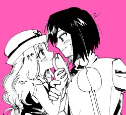  1boy 1girl blush calem_(pokemon) collared_shirt commentary_request greyscale_with_colored_background hetero highres jacket korean_commentary looking_at_another pink_background pokemon pokemon_xy serena_(pokemon) shirt simple_background smile sweat tuoipgvm7 upper_body 