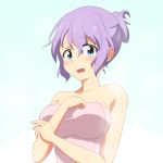  1girl :d alternate_hairstyle blue_eyes blush breasts cato_(monocatienus) folded_ponytail from_side letty_whiterock long_hair looking_at_viewer looking_to_the_side open_mouth purple_hair smile solo touhou towel 