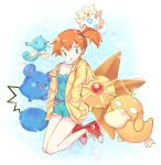  1girl :p azurill bare_legs blue_eyes breasts bubble_background cleavage earrings hands_in_pockets hoodie horsea jewelry joypyonn kasumi_(pokemon) off_shoulder open_clothes open_hoodie orange_hair pokemon pokemon_(anime) pokemon_(creature) psyduck shoes short_hair shorts side_ponytail smile staryu tank_top togepi tongue tongue_out 