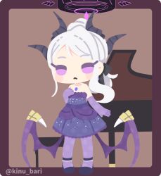  1girl :< bare_shoulders black_horns black_shoes blue_archive blush_stickers border brown_background brown_border chibi chibi_only closed_mouth commentary_request dress earrings elbow_gloves full_body gloves halo hand_on_own_chest hina_(blue_archive) hina_(dress)_(blue_archive) horns instrument jewelry kinubari_nerune long_hair low_wings mechanical_halo necklace no_lineart outside_border pantyhose pendant piano pink_eyes purple_dress purple_gloves purple_pantyhose purple_wings shoes solo standing strapless strapless_dress twitter_username white_hair wings 