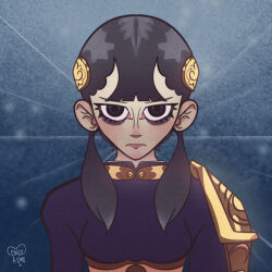  armor ashei blue_background blue_dress blue_eyes blush cinco_a_eme dress eyelashes hair_between_eyes headband highres nose_blush pale_skin portrait serious shoulder_armor the_legend_of_zelda the_legend_of_zelda:_twilight_princess twintails warrior 