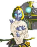  1girl aka6 bangs blonde_hair blue_eyes bob_cut breasts cleavage cleavage_cutout crossed_arms glowing glowing_eyes grey_skin hair_bun league_of_legends lips no_pupils nose open-chest_sweater orianna_reveck parted_bangs ribbed_sweater robot robot_girl short_hair solo sweater turtleneck 