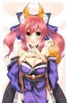  1girl :3 animal_ears bare_shoulders black_legwear blush breasts caster_(fate/extra) cleavage detached_sleeves fate/extra fate_(series) fox_ears hair_ribbon japanese_clothes jewelry large_breasts looking_at_viewer pink_hair ribbon ruchiteumu solo twintails yellow_eyes 