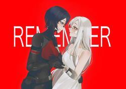  2girls android ariane_yeong bandaid bandaid_on_arm bandaid_on_cheek bandaid_on_face bandaid_on_nose bare_shoulders black_hair black_hands blue_eyes bruise bruise_on_face colored_extremities commentary cowboy_shot dress elster_(signalis) english_commentary eye_contact from_side hand_on_another's_back highres holding_hands injury long_hair looking_at_another majime_joe multiple_girls profile red_background red_eyes short_hair signalis simple_background skin_seams sleeveless sleeveless_dress smile white_dress white_hair yuri 