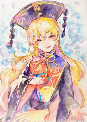  1girl absurdres belt black_belt black_dress black_hat blonde_hair chinese_clothes clenched_hand colored_inner_hair commentary_request cowboy_shot crescent crescent_print dalachi_(headdress) dress fish gold_trim hair_between_eyes half-closed_eyes hand_on_own_chest hands_up hat highres junko_(touhou) legacy_of_lunatic_kingdom long_hair long_sleeves looking_at_viewer mandarin_collar multicolored_hair navybluesparrow neck_ribbon open_mouth painting_(medium) phoenix_print pom_pom_(clothes) purple_hair red_eyes red_tabard ribbon smile solo standing tabard tassel teeth tongue touhou traditional_media underwear watercolor_(medium) wavy_hair wide_sleeves yellow_ribbon 