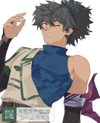  1boy alternate_costume badge bandana bandana_around_arm bare_shoulders belt black_belt black_gloves black_hair blue_bodysuit bodysuit bridal_gauntlets brown_coat button_badge coat commentary_request facial_hair gloves goya_(xalbino) green_eyes hadanugi_dousa hair_over_one_eye highres long_hair looking_at_viewer male_focus one_eye_closed purple_bandana schwann_oltorain simple_background single_bare_shoulder sleeveless sleeveless_bodysuit smile solo stubble tales_of_(series) tales_of_vesperia toned toned_male turtleneck turtleneck_bodysuit white_background 