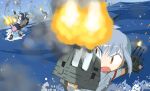  4girls ahoge antiaircraft_weapon battle black_hair blonde_hair brown_hair cannon explosion fairy firing_at_viewer imai_tetsuya kantai_collection kasumi_(kantai_collection) kneehighs long_hair machinery multiple_girls ocean rensouhou-chan sailor_dress school_uniform serafuku shimakaze_(kantai_collection) side_ponytail silver_hair standing standing_on_water suspenders turret ushio_(kantai_collection) waves yukikaze_(kantai_collection) 