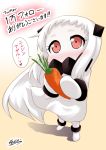  1girl ahoge blush carrot commentary_request dress holding horns kantai_collection long_hair looking_at_viewer mittens northern_ocean_hime red_eyes shinkaisei-kan solo translation_request white_dress white_hair white_skin yamato_nadeshiko 