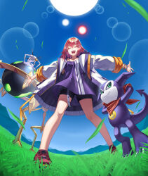  1girl arms_behind_head bandana bandana_around_neck black_shorts camisole closed_eyes digimon digimon_(creature) digimon_card_game digimon_liberator full_body gloves grass green_eyes group_picture impmon jacket kazuki_seihou official_art open_clothes open_jacket outdoors pink_hair purple_camisole quartzmon red_bandana red_gloves shorts standing sun white_jacket yuuki_(digimon) 