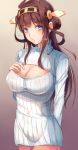  1girl alternate_costume arm_behind_back blue_eyes breasts brown_hair casual cleavage_cutout cowboy_shot double_bun gradient gradient_background hand_on_own_chest headgear kantai_collection kongou_(kantai_collection) large_breasts liu_guniang long_hair long_sleeves looking_at_viewer naked_sweater no_pants open-chest_sweater parted_lips purple_background ribbed_sweater solo sweater 