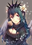  1girl alternate_costume angel_wings black_hair blush breasts bust cleavage cleavage_cutout flower hair_flower hair_ornament long_hair looking_at_viewer open-chest_sweater persephone_(p&amp;d) puzzle_&amp;_dragons red_eyes ribbon shadowsinking solo turtleneck wings 