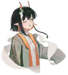  1girl ;d absurdres arknights banpian_yezi black_hair blush coat colored_inner_hair commentary_request cropped_torso dragon_girl dragon_horns earrings eastern_dragon_horns green_coat green_horns highres horns jewelry jie_(arknights) long_sleeves looking_at_viewer multicolored_hair multicolored_horns one_eye_closed open_clothes open_coat open_mouth orange_eyes orange_hair orange_horns pointy_ears shirt short_hair simple_background single_sidelock skirt sleeves_past_fingers sleeves_past_wrists smile solo streaked_hair tassel tassel_earrings tongue white_background white_horns white_shirt wide_sleeves yellow_eyes 