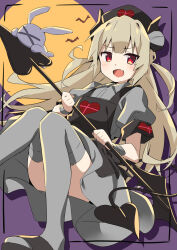  1girl apron bandaged_horn black_apron black_border black_headdress black_horns border brown_hair demon_horns demon_tail demon_wings dress fang grey_dress grey_thighhighs halloween hat highres holding holding_polearm holding_weapon horns komo_wan110 long_hair natori_sana natori_sana_(devil_natori) nurse_cap official_alternate_costume polearm red_eyes sana_channel skin_fang solo spear strapless strapless_dress tail thigh-highs v-shaped_eyebrows virtual_youtuber weapon wings 