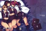  3girls arm_around_shoulder ass black_hair blue_eyes bow breasts brown_eyes brown_hair choker cover cover_page curvy deep_skin doujin_cover hair_bow hair_ribbon hair_twirling large_breasts long_hair midriff multiple_girls navel nazume_mikuru no_shoes noriko_nomihara on_bed pillow plump redhead ribbon school_uniform shiraishi_ayuna short_hair short_twintails skirt smile socks thick_thighs thighs twintails xration zero_in 