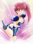  armor asagiri_youko bikini_armor blue_eyes breasts cleavage earrings gem genmu_senki_leda jewelry leaning_forward long_hair redhead side_ponytail smile tamanegiinyo 