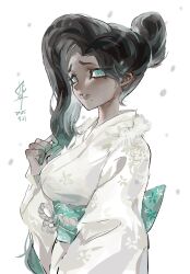  1girl baydee brown_hair dark-skinned_female dark_skin green_eyes hair_bun highres humanization japanese_clothes kimono looking_at_viewer marina_(splatoon) mole mole_under_mouth parted_lips single_hair_intake splatoon_(series) splatoon_2 upper_body white_kimono 