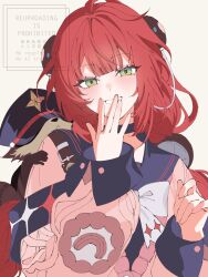  1girl absurdres alw_chin_k animal_on_back braid braided_twintails cardigan chest_bow green_eyes grey_background grin hair_ornament hand_up hearing_aid highres kamanosuke_(zenless_zone_zero) long_hair pink_cardigan raccoon red_hair smile sphere_hair_ornament tanuki ukinami_yuzuha upper_body zenless_zone_zero 
