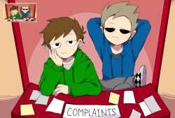  2boys antenna_hair arms_behind_head black_eyes blue_hoodie bored brown_hair canon_event checkered_shoes commentary crossed_legs derivative_work drawstring edd_(eddsworld) eddsworld english_commentary fewer_digits green_hoodie grey_pants hand_on_own_face hollow_eyes hood hood_down hoodie indoors jitome kion-aaaaa long_sleeves looking_at_viewer male_focus multiple_boys pants paper reference_inset scene_reference screenshot_inset screenshot_redraw shoes short_hair sign sitting sneakers spiky_hair swept_bangs tom_(eddsworld) toon_(style) 