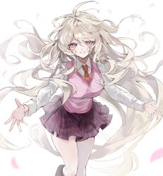  1girl absurdres ahoge akamatsu_kaede blonde_hair breasts collared_shirt commentary danganronpa_(series) danganronpa_v3:_killing_harmony hair_ornament highres kuryugi large_breasts long_hair long_sleeves looking_at_viewer musical_note musical_note_hair_ornament pink_sweater_vest pleated_skirt shirt skirt smile sweater_vest untranslatable_commentary white_shirt 