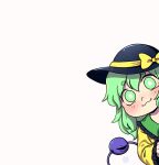  1girl :3 bangs black_headwear bow bright_pupils closed_mouth english_commentary eyebrows_visible_through_hair glowing glowing_eyes green_eyes green_hair hat hat_bow komeiji_koishi lanalopez92 long_sleeves looking_at_viewer peeking_out short_eyebrows short_hair simple_background smile solo third_eye touhou upper_body white_background white_pupils yellow_bow 