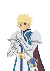  1boy adjusting_armor armor artist_request belt blonde_hair blue_eyes blue_surcoat cape closed_mouth commentary cowboy_shot flynn_scifo game_cg gauntlets looking_at_viewer male_focus official_art sheath sheathed short_hair shoulder_armor silver_armor simple_background solo standing sword tales_of_(series) tales_of_asteria tales_of_vesperia third-party_source transparent_background vambraces weapon white_belt 