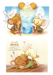  absurdres animalization blonde_hair commentary_request condensation cracker food green_jacket grin gundam gundam_tekketsu_no_orphans hair_over_one_eye highres jacket mecyo_(mamezurushiki) mouse_(animal) no_humans norba_shino short_hair sleeping smile smoothie spoon translation_request yamagi_gilmerton 