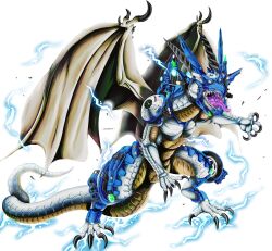  absurdres armor blue_armor bolmeteus_steel_dragon claws colored_tongue commentary_request dragon dragon_claw dragon_horns dragon_tail dragon_wings duel_masters electricity highres horns mojapene no_humans open_mouth purple_tongue sharp_teeth shoulder_cannon solo tail teeth tongue tongue_out western_dragon wings yellow_eyes 
