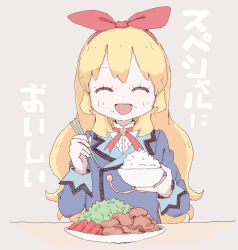  1girl :d ^_^ aikatsu! aikatsu!_(series) blonde_hair blue_jacket bow bowl chicken_(food) chopsticks closed_eyes commentary_request eating food food_on_face fried_chicken hair_bow holding holding_bowl holding_chopsticks hoshimiya_ichigo jacket long_hair long_sleeves neck_ribbon oosawa_(azeeee73) open_mouth plate red_ribbon ribbon rice_bowl school_uniform shirt smile solo starlight_academy_school_uniform translation_request upper_body white_shirt winter_uniform 