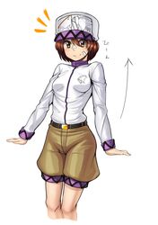  1girl alternate_costume ayakumo baggy_shorts bandaid bandaid_on_nose brown_eyes brown_hair casual highres long_sleeves looking_at_viewer shirt smile solo thighs touhou tsukumo_yatsuhashi 