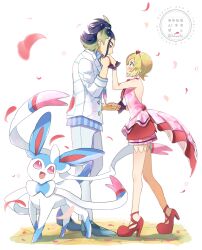  1boy 1girl adaman_(palentine's_2026)_(pokemon) adaman_(pokemon) alternate_color blonde_hair blue_eyes blue_hair blue_shoes blush commentary_request full_body hetero high_heels highres irida_(anniversary_2025)_(pokemon) irida_(pokemon) jacket kazune_(kazukana09) kiss kissing_hand looking_at_another multicolored_hair open_mouth petals pokemon pokemon_(creature) pokemon_masters_ex red_shoes shiny_pokemon shoes standing sylveon two-tone_hair watermark white_jacket 