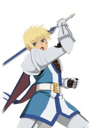  1boy armor artist_request belt blonde_hair blue_eyes blue_surcoat cape clenched_hand commentary cowboy_shot fighting_stance flynn_scifo game_cg gauntlets holding holding_sword holding_weapon looking_at_viewer male_focus official_art open_mouth short_hair shoulder_armor silver_armor simple_background solo standing sword tales_of_(series) tales_of_asteria tales_of_vesperia third-party_source transparent_background vambraces weapon white_belt 