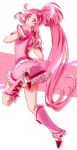  0417nao 1girl aino_hikaru_(0417nao) boots bow cure_prism_(0417nao) frills hair_bow hairband knee_boots long_hair looking_back magical_girl original payot pink_eyes pink_hair pink_skirt ponytail precure skirt solo 