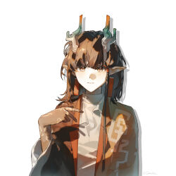  1girl 52043912 arknights brown_hair brown_jacket chinese_commentary closed_mouth colored_extremities commentary_request drop_shadow earrings grey_eyes hair_behind_ear hand_up highres horns jacket jewelry jie_(arknights) light_smile long_hair open_clothes open_jacket pointy_ears shirt simple_background solo upper_body white_background white_shirt 
