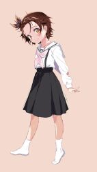  1girl absurdres arm_behind_back black_skirt bow bowtie braid braided_bangs brown_background brown_eyes brown_hair closed_mouth commentary full_body hand_on_own_arm head_tilt highres long_sleeves looking_at_viewer medalist_(manga) medium_skirt no_shoes pink_bow pink_bowtie pleated_skirt rodo_(sim94) sailor_collar school_uniform serafuku shirt short_hair skirt smile socks solo standing suspender_skirt suspenders tiptoes white_sailor_collar white_shirt white_socks yuitsuka_inori 