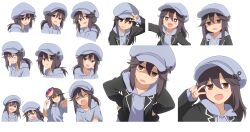  >_< +_+ 1girl :d :q @_@ ^^^ absurdres black_hair black_jacket blazer brown_eyes character_mask commentary curakuru curakuru_(character) double-parted_bangs fang fidget_spinner grey_hat grey_hoodie hair_between_eyes hands_on_own_hips hat highres hood hood_down hoodie jacket long_sleeves looking_at_viewer mask mask_on_head mega_man_(series) mega_man_star_force_(series) multiple_expressions multiple_views newsboy_cap open_clothes open_jacket open_mouth original shaded_face short_sleeves skin_fang smile star_force_mega_man tongue tongue_out v v-shaped_eyebrows v_over_eye w w_over_head xd 