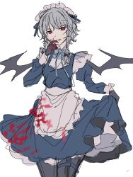  1girl :p amatukimahoro apron black_bow black_gloves blood blood_on_clothes blood_on_face blood_on_gloves blue_dress bow braid collared_shirt commentary_request dress fang fang_out gloves grey_hair hair_bow highres holding_own_dress izayoi_sakuya juliet_sleeves long_hair long_sleeves looking_at_viewer maid maid_headdress monsterification pinafore_dress puffy_sleeves red_eyes shirt simple_background sketch sleeveless sleeveless_dress solo tongue tongue_out touhou twin_braids unfinished vampire waist_apron white_apron white_background white_shirt 