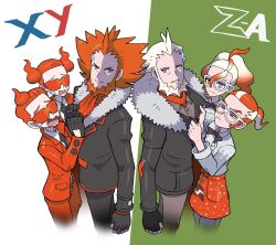  4boys beard black_bow black_bowtie black_gloves black_jacket black_necktie blue_eyes bow bowtie collared_shirt facial_hair fingerless_gloves gloves green_background griselle_(pokemon) grisham_(pokemon) highres jacket lysandre_(pokemon) multicolored_hair multiple_boys necktie open_mouth orange_hair pants pokemon pokemon_legends:_z-a pokemon_xy red_eyes red_jacket red_pants red_suit shirt sugimori_ken_(style) suit sweatdrop team_flare_grunt two-tone_background two-tone_hair vikthor01 white-framed_eyewear white_background white_hair white_shirt 