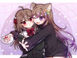  2girls ahoge aivysu animal_ears birthday_cake black_cardigan black_sweater bow bowtie brown_hair cake cake_slice cardigan cat_ears cat_girl closed_mouth commentary commission cowboy_shot dress_shirt english_commentary evil_neuro-sama fang food hair_between_eyes holding holding_plate indie_virtual_youtuber light_blush long_hair multicolored_hair multiple_girls neko_ella off-shoulder_cardigan one_eye_closed open_mouth plate pouncing pout purple_hair red_bow red_bowtie red_ribbon ribbon shirt skin_fang sweater third-party_source torn_hair_ribbon two-tone_hair two_side_up vedal_ai violet_eyes virtual_youtuber white_shirt 