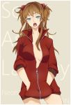  1girl blue_eyes highres jacket long_hair neon_genesis_evangelion no_bra no_pants open_clothes open_jacket simple_background solo souryuu_asuka_langley 
