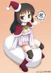  1girl :o bell black_eyes black_hair boots breasts christmas cleavage glasses hat highres jingle_bell kazuboh knee_boots long_hair minakami_mai nichijou open-chest_sweater ribbed_sweater sack santa_costume santa_hat solo sweater thigh-highs zettai_ryouiki 